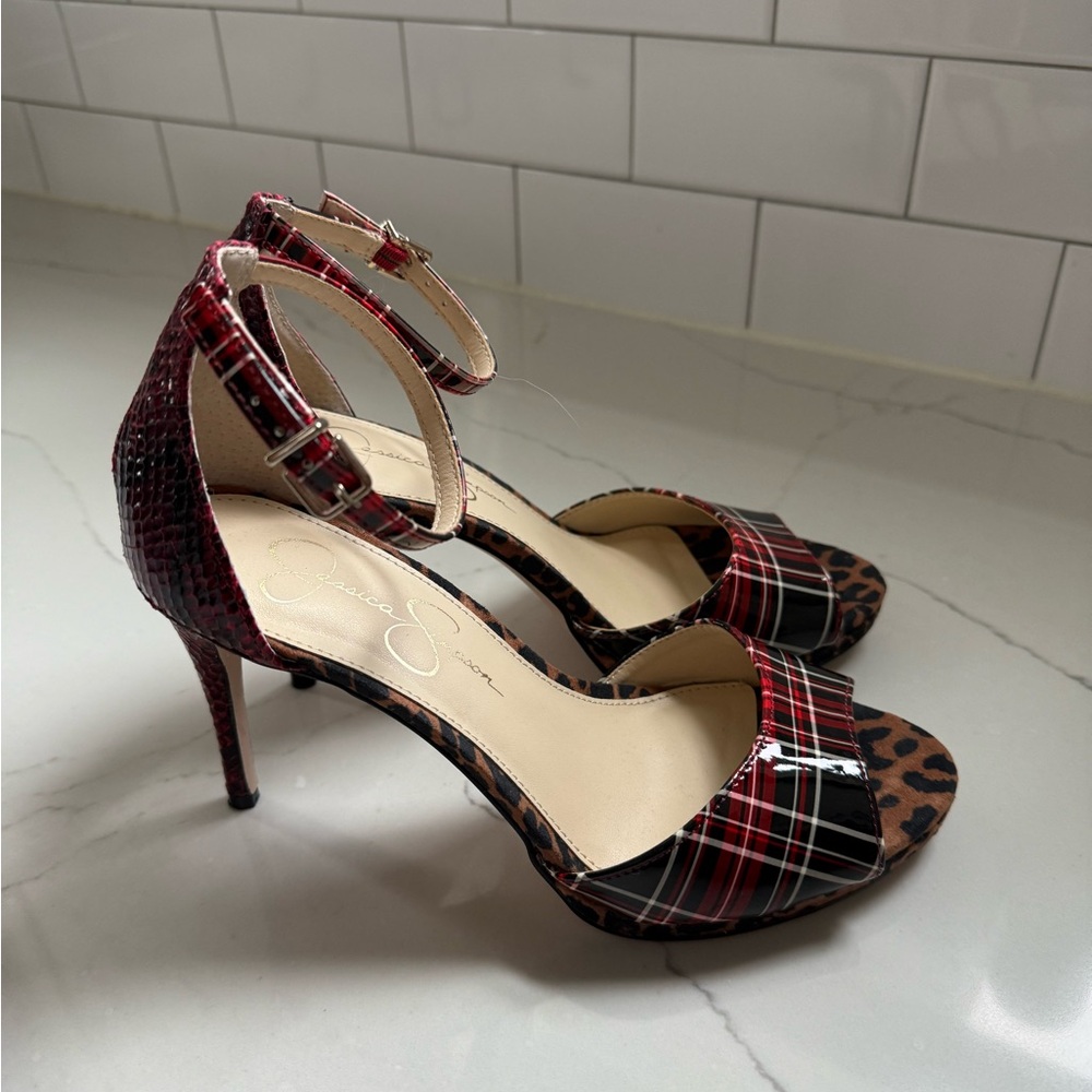 Jessica Simpson Daisile Tartan Plaid Leopard Women's Christmas Heels 8.5